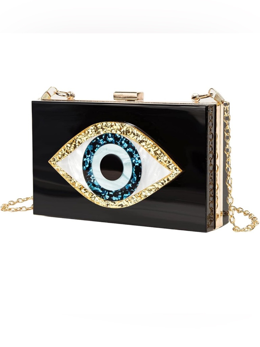 Black Eye-Embellished Acrylic Box Clutch without Gold Chain